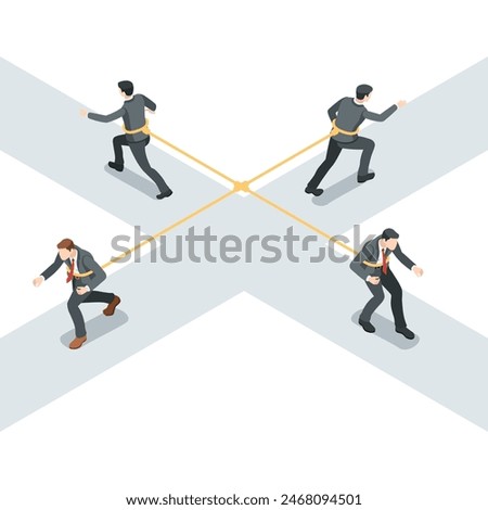 isometric vector business people tied together with ropes pull each other in different directions at an intersection, in color on a white background, rival tug of war