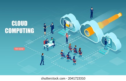 Isometric Vector Of Business People Using Cloud Computing Technology 