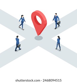 isometric vector business people walking to the center of the intersection to the location icon, in color on a white background, intersection of roads or paths and collection point