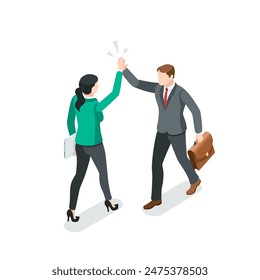 isometric vector business woman hitting the palm of a man with her palm, in color on a white background, friendly greeting or congratulation on success