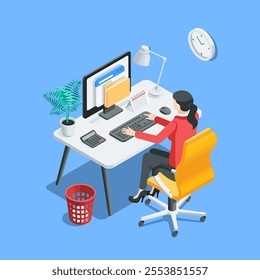 isometric vector business woman sitting at table and working on computer, in color on blue background, office worker or workplace