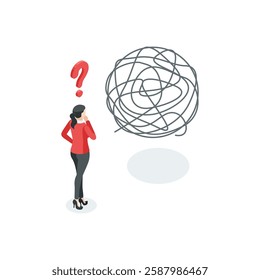 isometric vector business woman untangling a tangled thread and question mark, in color on a white background, unraveling a problem or solution