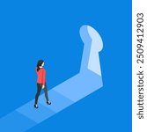 isometric vector business woman walking towards the keyhole, in color on a blue background, mystery or discovery of something new