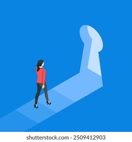 isometric vector business woman walking towards the keyhole, in color on a blue background, mystery or discovery of something new