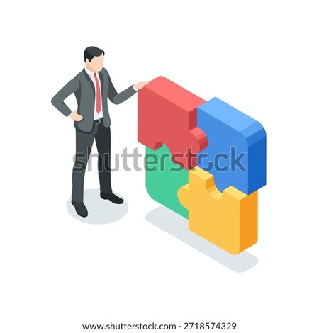 Isometric vector businessman near a completed puzzle, in color on a white background, a completed challenge or task