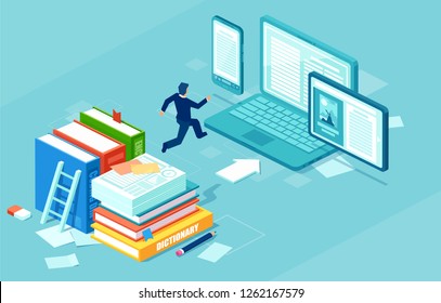 Isometric Vector Of A Businessman Switching To Digital Technology From Paper. Business IT Concept Web Infographics.