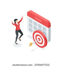 isometric vector businesswoman jumping joyfully near target with arrow and calendar, in color on white background, achieving success on time or  joy of reaching goal