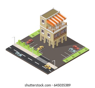 Isometric vector cafe restaurant buildings shop