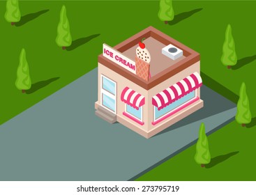 Isometric vector cafe where you can eat lunch, drink coffee or tea, eat ice cream or dessert