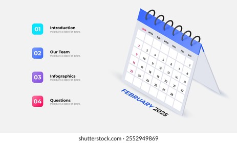 Calendário isométrico dos vetores para 2025. Mês de fevereiro. Ilustração da agenda. A semana começa no domingo