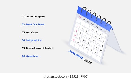 Calendario de Vector isométrico para 2025. mes de enero. Ilustración de agenda. La semana comienza el domingo