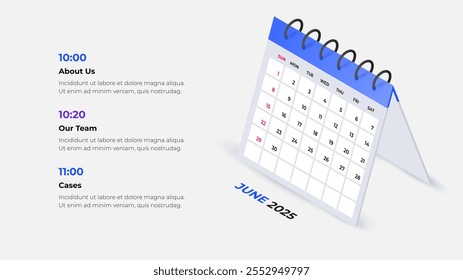 Calendário isométrico dos vetores para 2025. Mês de junho. Ilustração da agenda. A semana começa no domingo