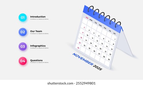 Calendario de Vector isométrico para 2025. Noviembre mes. Ilustración de agenda. La semana comienza el domingo.