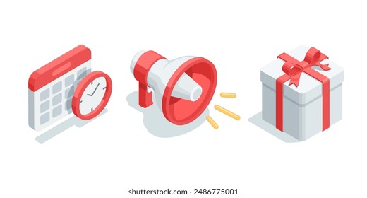 isometric vector calendar with clock and loudspeaker and gift box, in color on white background, holiday promotion or customer attraction
