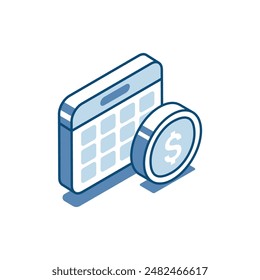 isometric vector calendar and coin linear icon with dollar icon, in color on white background, pay date or regular bill payment