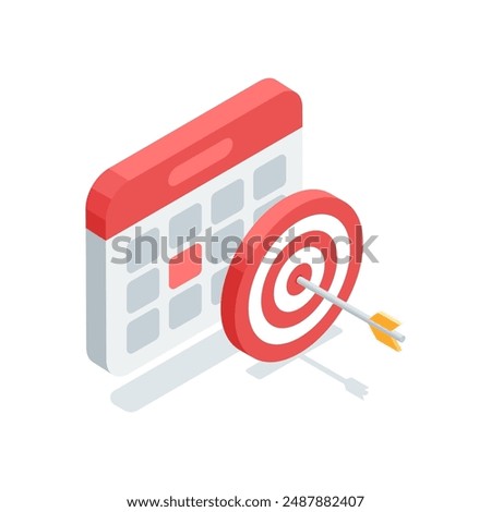 isometric vector calendar and target with arrow, in color on white background, planning to achieve business success