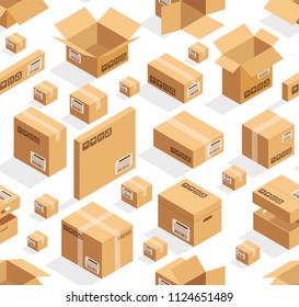 Cajas marrones de cartón vectorial isométrico sobre el conjunto de elementos de diseño vectorial de fondo blanco.