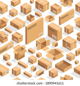 Isometric vector cardboard brown boxes on white background vector design element set.