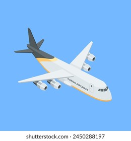 avión isométrico de carga de Vector, en color sobre un fondo azul, transporte o entrega de mercancías por aire