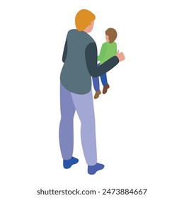 Isometric vector of a cartoon father carrying his little child, depicting family love and care