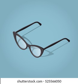 Isometric Vector Cat Eye Woman Glasses Illustration With Shadow For Reading.