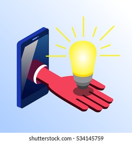 Isometric vector cell phone showing hand with a glowing light bulb. Concept idea of an insight in business or technologies