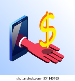 Isometric vector cell phone showing hand with golden dollar sign. Concept idea of electronic business and payments