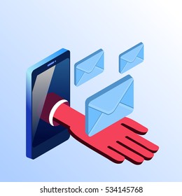 Isometric vector cell phone showing hand with mail envelopes. Concept idea of modern technologies used for business and communication