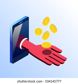 Isometric vector cell phone showing hand with golden coins. Concept idea of electronic business and payments