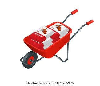 Sacos isométricos de cemento vectorial en la ilustración de carretilla roja aislados en el fondo blanco. Icono vectorial colorido de las carretillas metálicas y bolsas de cemento. Material y equipo de construcción de dibujos animados planos