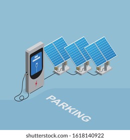 Isometric  vector  charging pile, Using solar energy for electric vehicle power supply system 