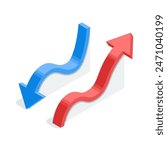 isometric vector chart arrows for indicating statistical data or infographics, in color on a white background, increase and decrease arrows