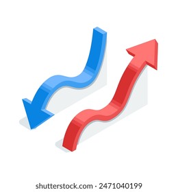 isometrische Pfeile zur Darstellung von statistischen Daten oder Infografiken in Vektorgrafik auf weißem Hintergrund, Vergrößerung und Verkleinerung der Pfeile