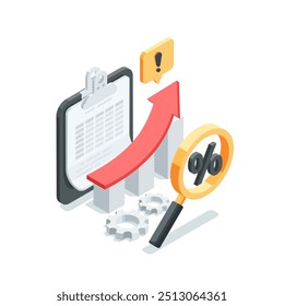 gráfico vetorial isométrico com seta crescente e tablet com documento e lupa com porcentagem, em cor sobre fundo branco, crescimento econômico ou bom trabalho de estatística