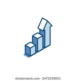 isometric vector chart linear icon with arrow, in color on white background, stable growth or income