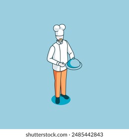 isometric vector chef linear icon, in color on blue background, people and professions