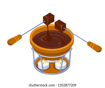 Isometric Vector Chocolate Fondue with a candle on a white background. Capacity, two forks, two pieces of bread and chocolate. Vector illustration