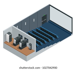 Isometric vector Cinema Theater with blank screen. Includes movie projection screen, seats and projectors.