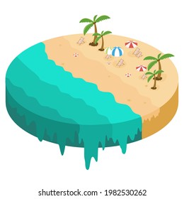 Isometric vector circle land ocean, sand, palm trees, rest, sunbathing, vacation, isolated on white background.