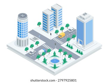 Isometric vector city block with road and transport, in color on white background, city design element