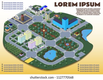 Isometric vector city with buildings, streets and vehicles, commercial, business and private areas. Infographic of city economy.
