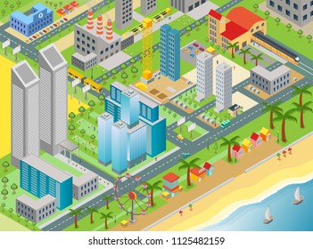 Isometric vector of city map with modern buildings and beach area with amusement park.