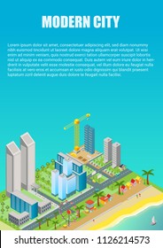 Isometric vector of city map with modern buildings and beach area with amusement park. Advertisment poster template.