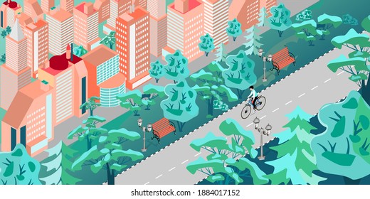 Isometric vector city with a park area 3D elements of various buildings, bike road with a cyclist, various trees, park bench, street lights.