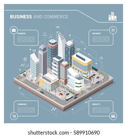 Isometric vector city with skyscrapers, people, streets and vehicles, commercial and business area infographic with icons