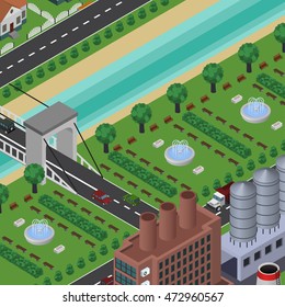 Isometric vector city in top view, with buildings, houses, roads, cars, factory, river, bridge, parks, fountains. Urban cityscape.