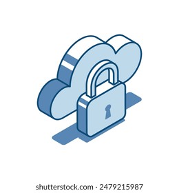 isometric vector cloud and lock linear icon, in color on white background, secure cloud data