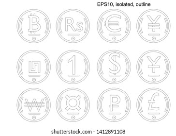 isometric vector coin set of world currencies. Isometric icons. Elements of design of a business concept. Vector design elements, business or finance theme. Outline