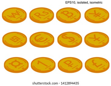 isometric vector coin set of world currencies. Isometric icons. Elements of design of a business concept. Vector design elements, business or finance theme. Isometric. Dollar, euro, bitcoin. Isometr