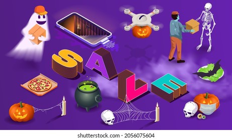 Isometric vector. Collection of halloween symbols and elements for decoration of banners, posters, flyers for advertising, discounts and sales. Ghost, zombie, skeleton, smoke and pumpkin with phone 